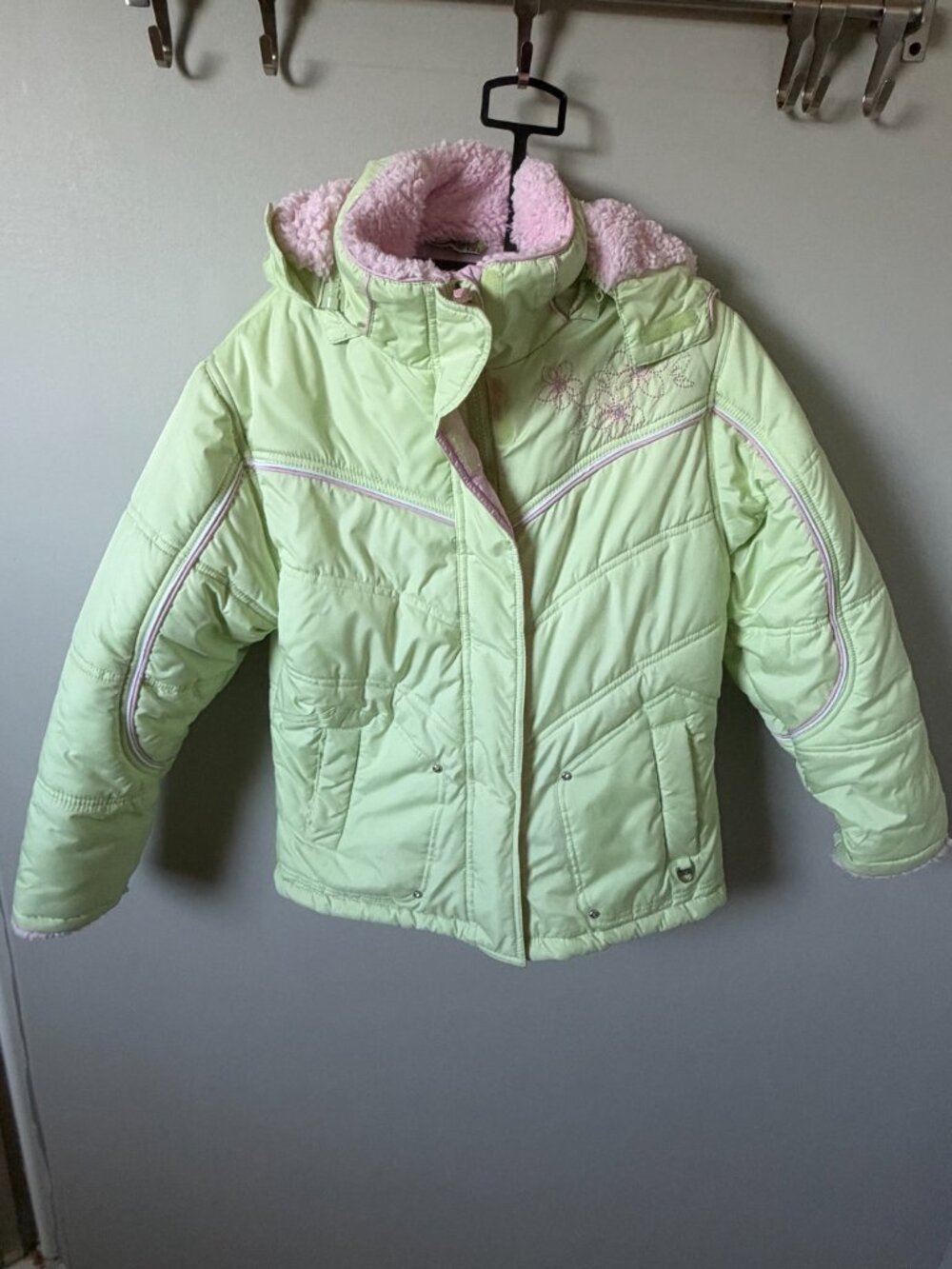 Protection System Girls 10/12 Green Pink Hooded Fleece Lined Puffer Jacket